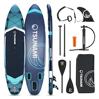 Placa gonflabila Stand Up PaddleBoard, TSUNAMI, SUP PRO, T12, 351*81*15 cm, 13.5kg, PVC, rucsac de transport pentru toate accesoriile, pagaie inclusa pentru inot, kit de reparatii cu eliberare rapida, cu pompa de mana, albastru/alb/gri