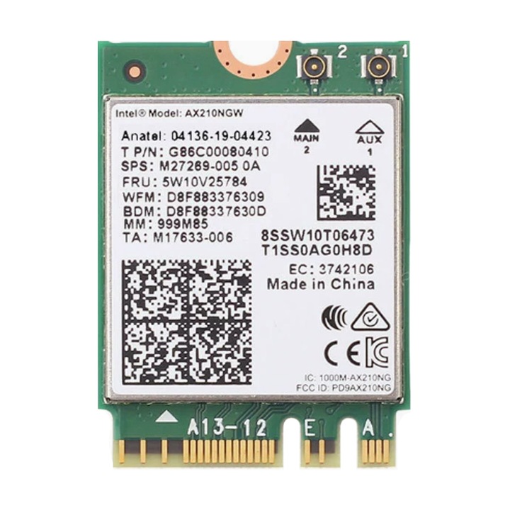 Placa de retea, Intel, Dual Band Wireless AX210ngw, WiFi 6E(6GHz Band), 2.4GHz/5GHz/6GHz, Bluetooth 5.3, NGFF M.2/A-E-Key 802.11ax, 574Mbps/2400Mbps, Compatibil cu Win10/Win11/Chrome OS/Linux 5.1, OUYLAF, Metal/ABS
