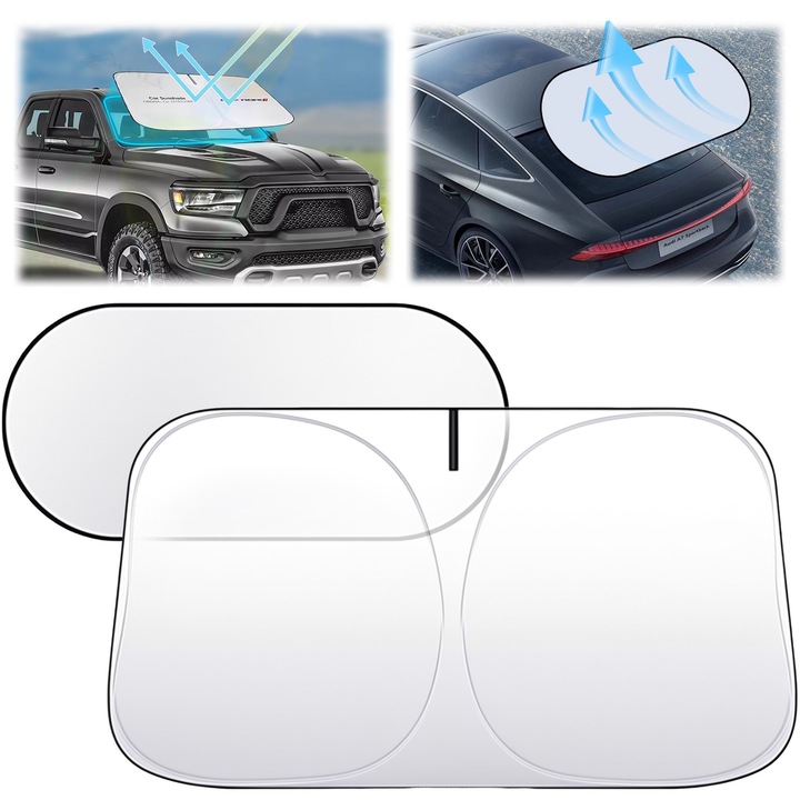 Set 2 Parasolare pentru Geamuri Auto, BYONDSELF®, Rezistent UV, Poliester Premium 190T, Pliabil, Argintiu