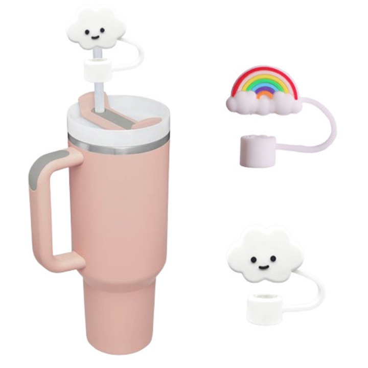 Cana termica cu capac si pai, 1200ml, roz deschis, design dragut, rezistent la rugina, reutilizabil