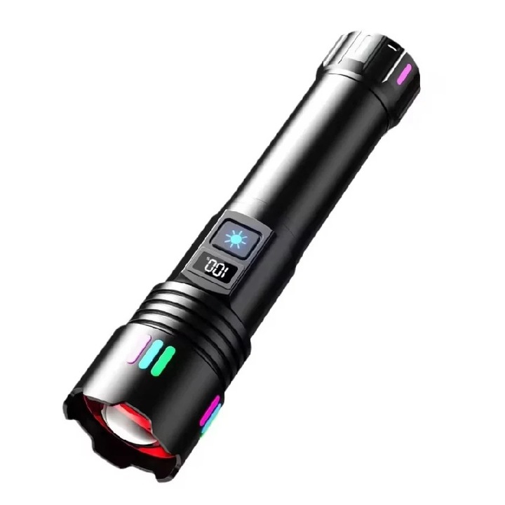 LED-es zseblámpa teleszkópos zoommal, Andowl P45, újratölthető, állítható fókusz, 20W, 2000LM, IP43, akkumulátor kijelző, 18x4,3 cm, fekete színű