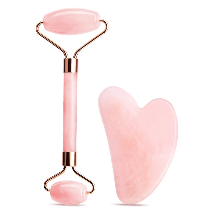 Set Gua Sha si roller de jad pentru fata, instrument de masaj facial, roller cu efect de gheata pentru ingrijirea pielii, placa din piatra Gua Sha pentru reducerea umflaturilor si imbunatatirea ridurilor, cadou ideal pentru autoingrijire, roz