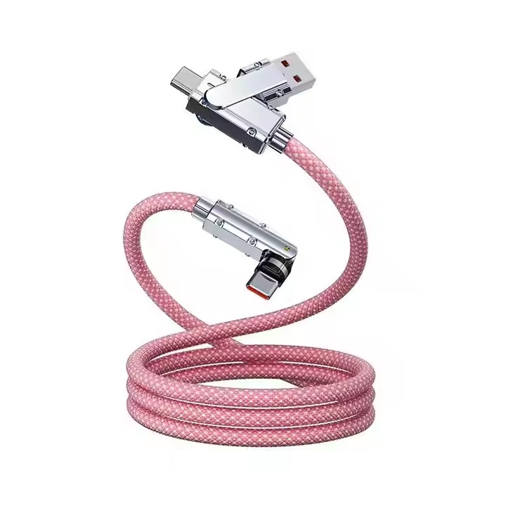 Кабел за данни и бързо зареждане, 2 в 1, QC 3.0, 60W, с LED, Универсален, Тип C, Съвместим с iPhone, Samsung, Huawei, 1 м, въртене на 540 градуса, Розов