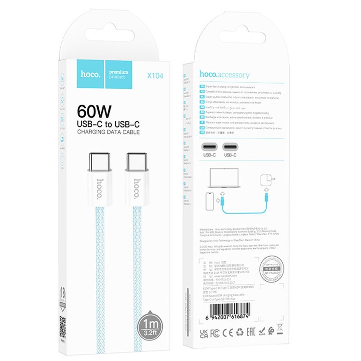 Hoco adat- és töltőkábel (X104), USB-C, PD60W, QC3.0, fonott, 2 m, kék