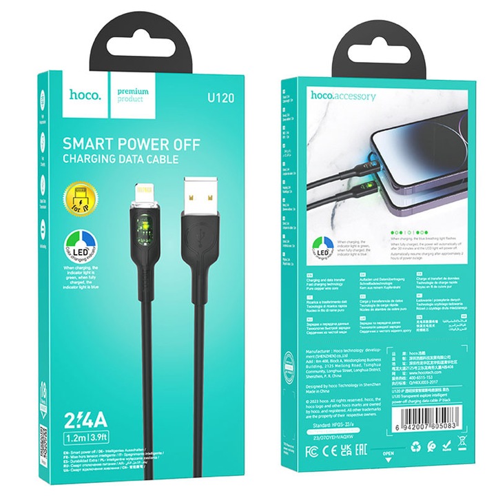 Hoco adat- és töltőkábel (U120), USB-A a Lightninghez, 2,4 A, LED táp, 1,2 m, fekete