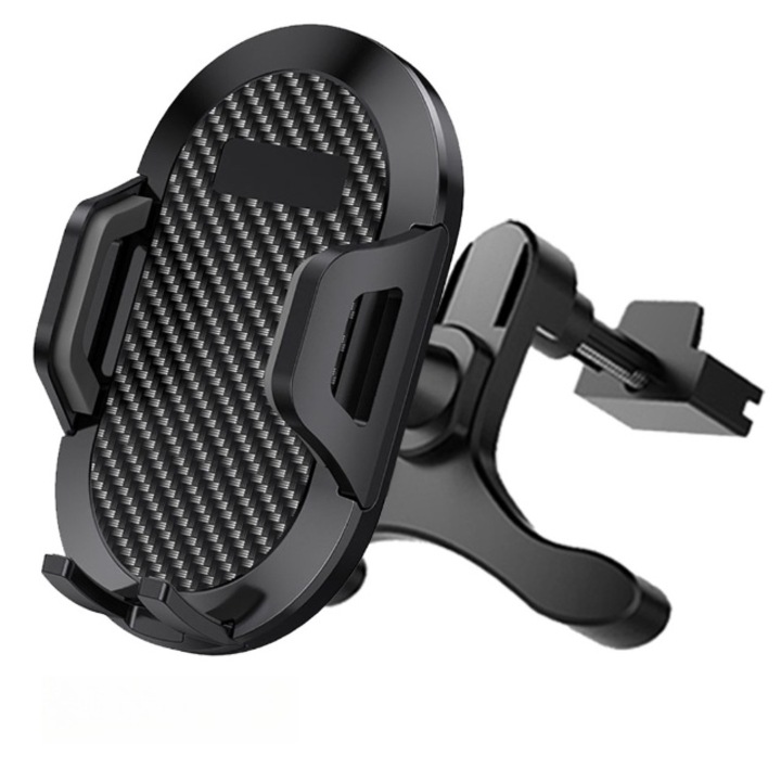 Suport pentru telefon montat pe grilele ventilatoare de auto, negru, cu reglarea la orice unghi, montare rapida si usoara