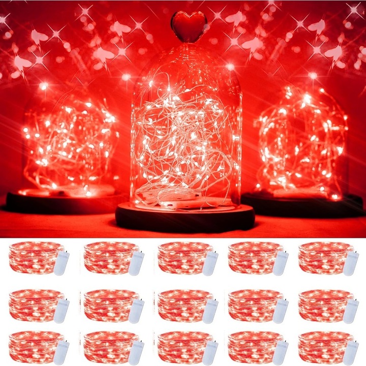 Set de 15 siruri de lumini, Ronyes®, pentru nunta, party dress up, 2M, 20 LED-uri, alimentare cu baterii, rosu