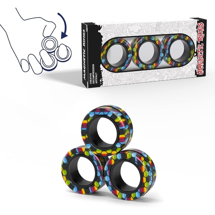 Set de 3 jucarii antistres, Ronyes®, inele magnetice, degete flexibile, model cu bile, negru