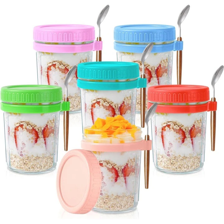 Комплект от 6 контейнера за овесени ядки, Morovan, 16oz, херметически затворен капак и лъжица от неръждаема стомана, многоцветни, 11.2x8.7см