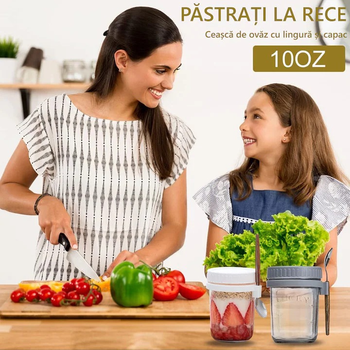 Set 4 Borcan pentru ovaz peste noapte, Morovan, Sticla, 350ml, cu capac etans si lingura din otel inoxidabil, pentru conserve, gemuri, ovaz, Multicolor, 11.2x8.7cm