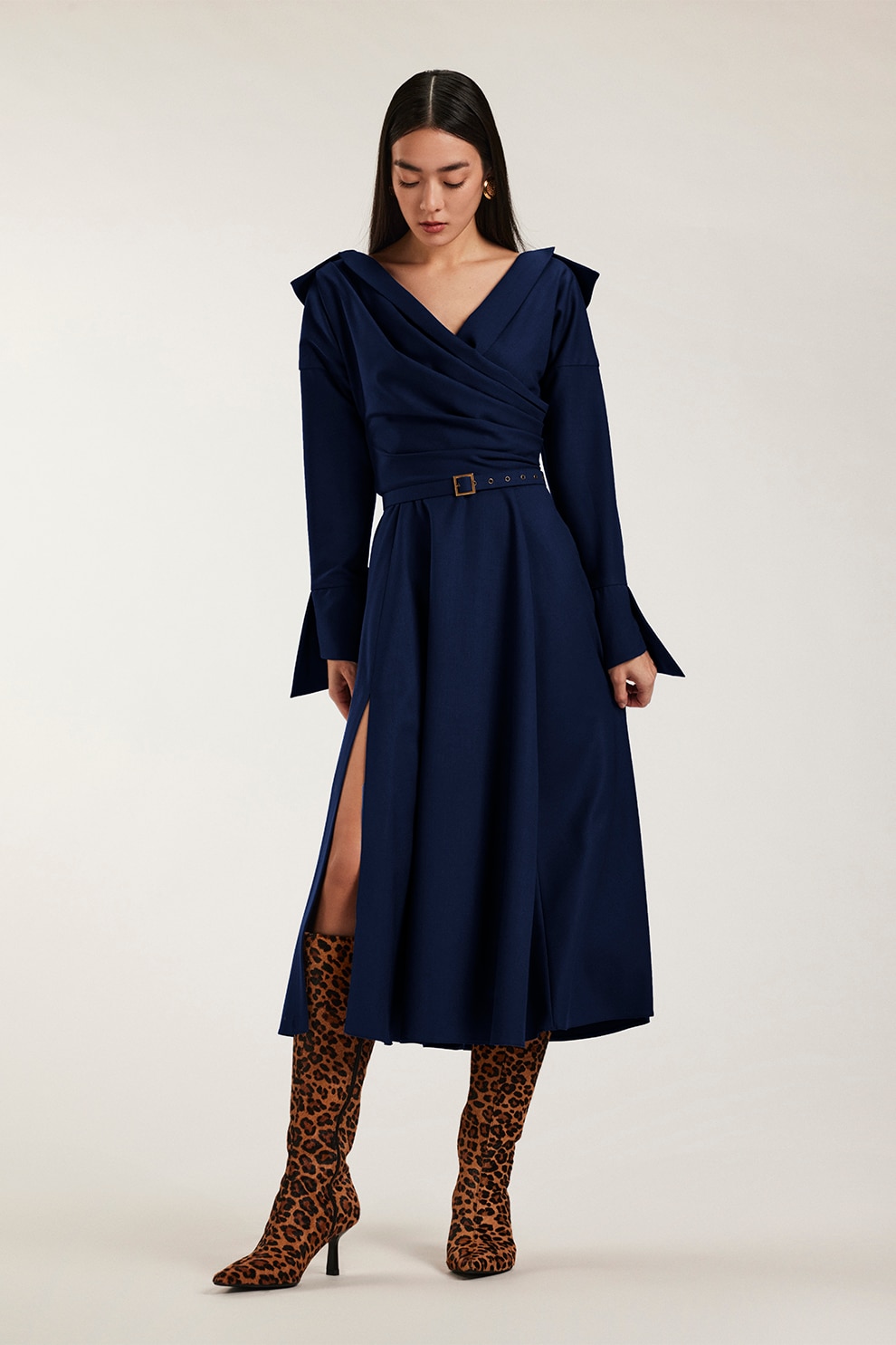 ALINA CERNATESCU, Rochie midi cu slit Asana, Albastru inchis, S