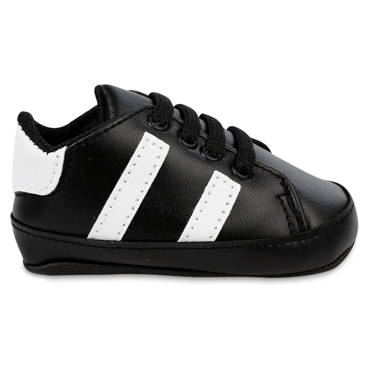 Pantofi usori PRIMII PASI pentru bebelusi, Piele ecologica, Inchidere cu siret, Talpa flexibila, Negru