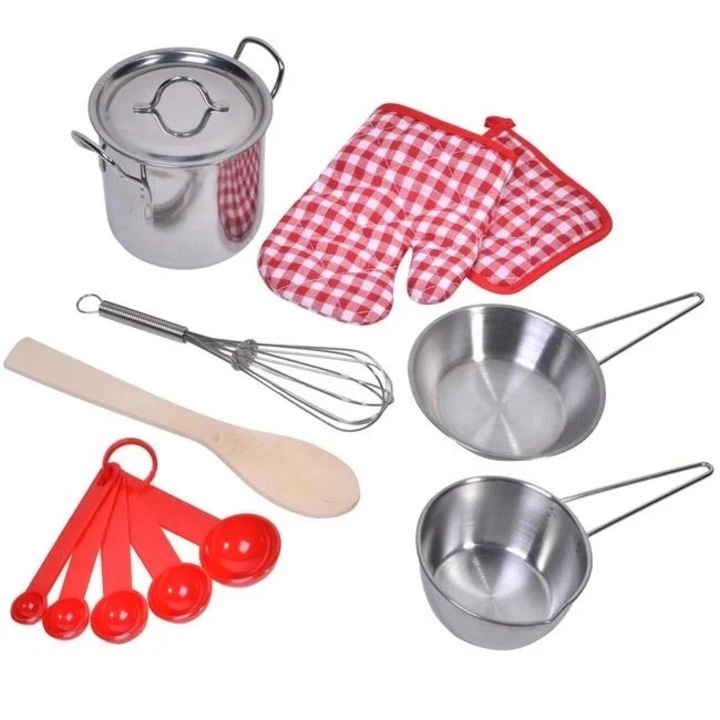 Set vase de bucatarie pentru copii cu 9 piese, varsta 3+ ani, rosu-argintiu
