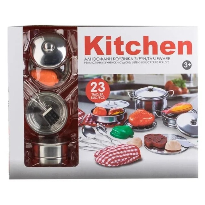 Set de joaca cu ustensile de bucatarie, 23 piese, din plastic, dimensiune 43x10x35cm, multicolor