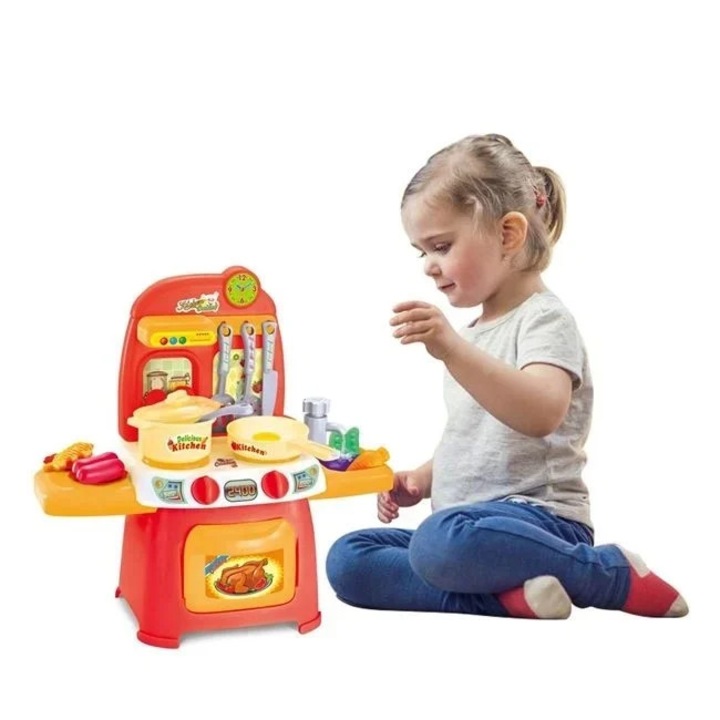 Bucatarie mini de jucarie pentru copii, cu accesorii, lumini si sunet, 26buc, 38.5x18.5x37cm, multicolor