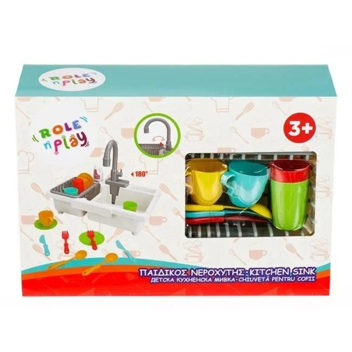 Set de joaca chiuveta cu apa si aragaz, Welora, cu accesorii incluse, din plastic,36x11x24.5cm, multicolor