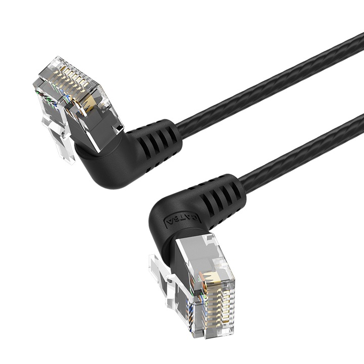Мрежов кабел, VENTION, Cat6A UTP, двойно коляно, въртящ се, тънка линия, черен, 10 м