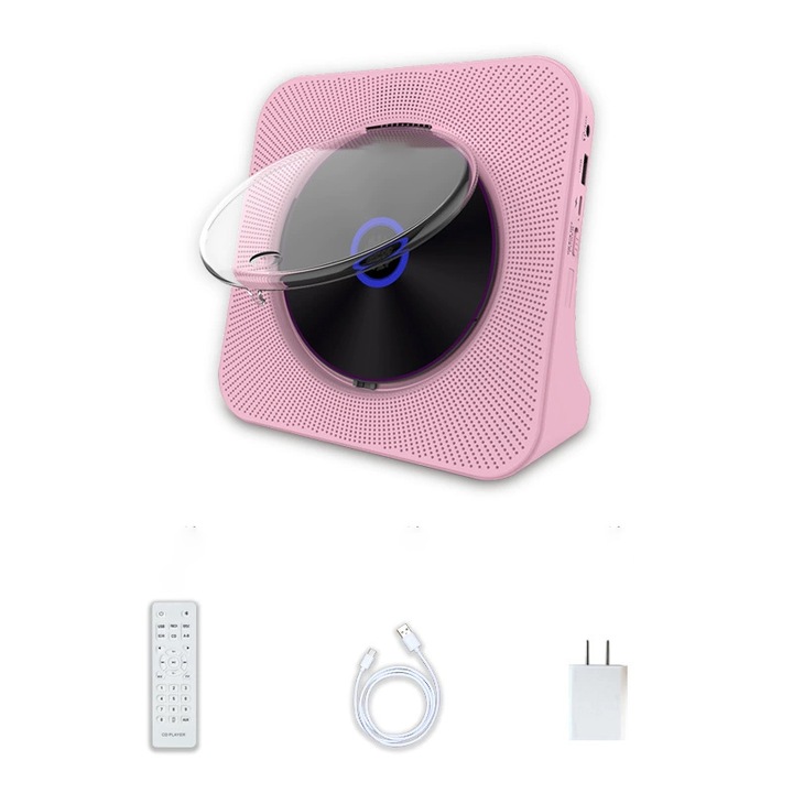 CD player portabil multifunctional, Rqiurpn, Bluetooth 5.0, sunet HiFi, telecomanda, radio FM, AUX/USB, Ecran LCD, capac de protectie, pentru acasa, Roz