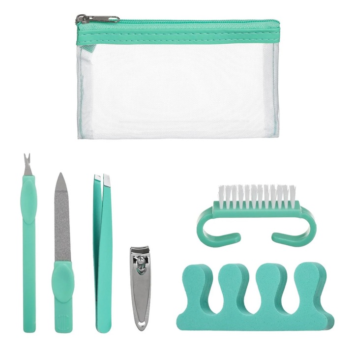 Set Manichiura & Pedichiura Verde cu Portfard Transparent 12.5x7cm - 6 piese