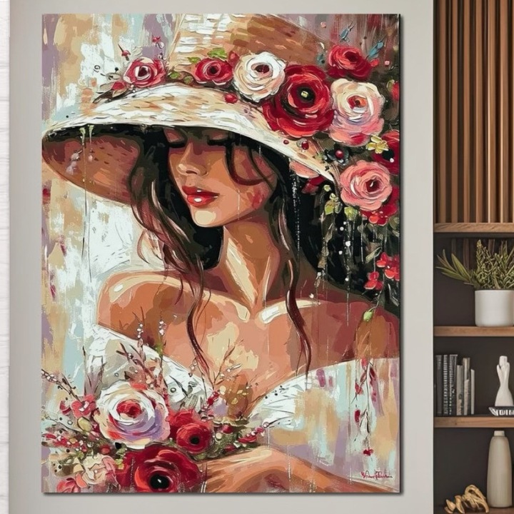 Tablou Canvas Premium, LuxCanva® GV1050, Tandretea Florilor, 90 X 120 CM, Panza Bumbac 100% 400g/m2, Sasiu Lemn, Eleganta, Palarie, Flori, Arta, Romantism, Portret, Natura, Artistic, Vara, Living, Dormitor