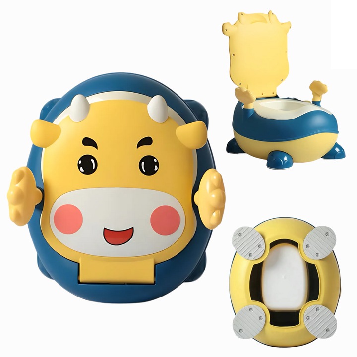 Olita cu manere ergonomice Bukino®, design practic, functional, anti-stropire, material ABS Premium, rezistent, durabil, colac moale detasabil, picioare antiderapante, margini rotunjite, galben/albastru