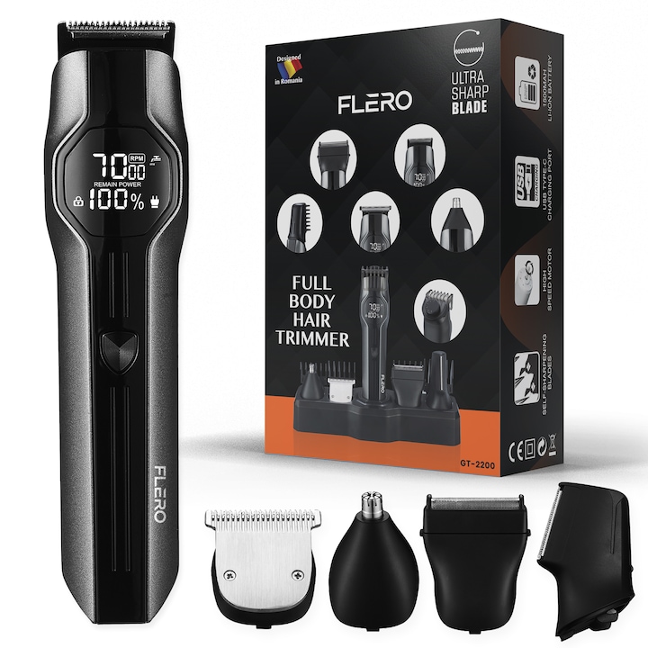 Masina de tuns si aparat de ras, FLERO, Profesional, Portabil, Multifunctional 14 in 1, Rezistenta IPX7, Lame inox, USB Type-C, Trimmer, Shaver, Conturare, Barba, Musteata, Nas, Inghinal, Corp, Par uscat/umed, Display LCD, Autonomie 210 min, Negru-Gri