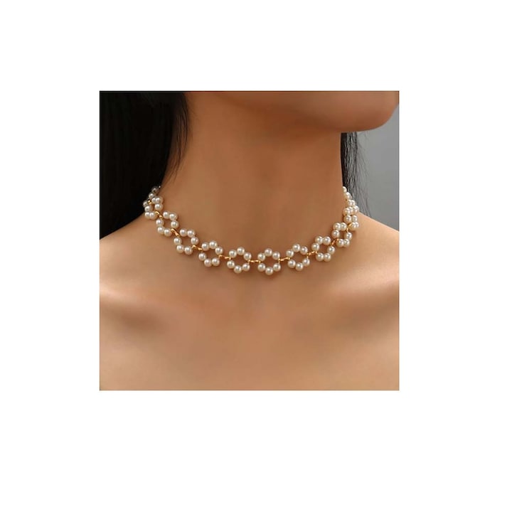 Colier choker delicat cu perle florale pentru femei, colier cu mici perle florale si margele placat cu aur de 14K, in tendinta, facut manual, estetic vintage, bijuterie pentru bal, cadouri