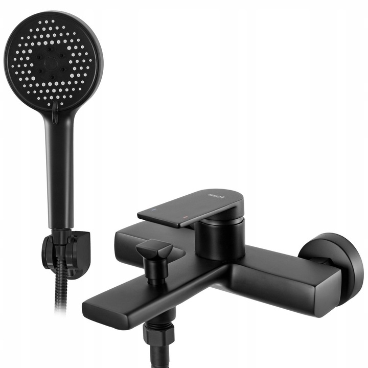 Robinet de baie, Rea, Verso, Robinet de cada neagra cu dus, Negru, Alama, 150 cm, 200 mm, 95 mm, Acoperire rezistenta la coroziune, Cap ceramic, Setul include: Robinet, Furtun de dus, Dus, Capaci, Cruce, Suport de perete pentru dus