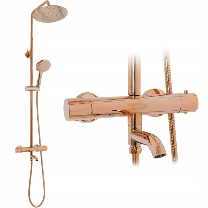 Set de dus, Rea, Lungo, Rozu aur, Cap termostatic, Lungimea furtunului 150 cm, Dimensiunea dusului 25 cm, Inaltime 82-117 cm, Montaj metalic