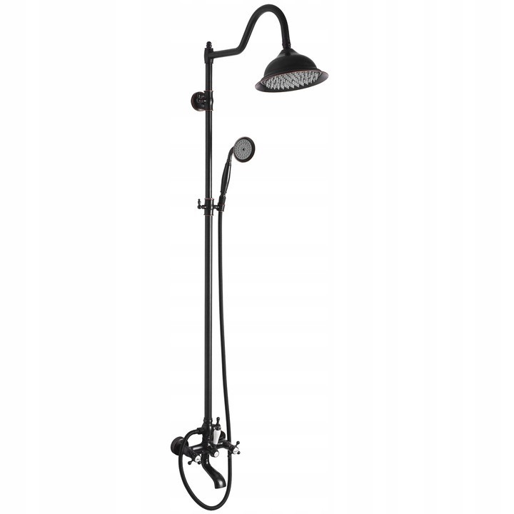 Set de dus, Rea, Bergamo, Negru, Metal, 150 cm, Dus de ploaie 210 mm, Sistem anti-calcar, Teava de dus 150 cm, 5 elemente in set