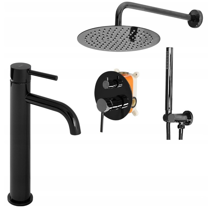 Set de dus, Rea, Lungo black, Dusul ultra slim 30x30 cm, Furtun 150 cm, Robinet incastrata, Metal negru, Sistem anti-calc