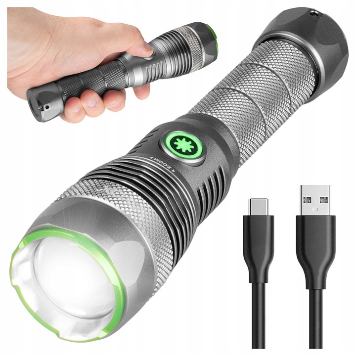 Vayox Pro Series VA0364 LED тактически фенер, изработен от алуминий, 3000 лумена, включена батерия, IPX7 водоустойчивост, USB-C зареждане, Powerbank, сребрист