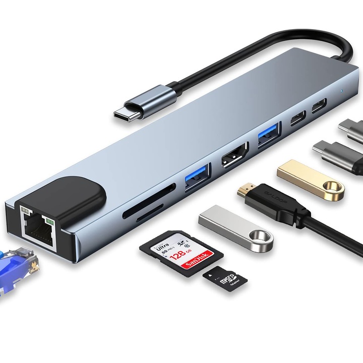 BHW USB C HUB 8 в 1 докинг станция, 4K HDMI, 100W PD, сребрист, USB C порт, USB 3.0, RJ45 Ethernet, четец на SD/TF карти, докинг станция, съвместима с MacBook Pro / Air USB C лаптопи и други Type-C устройства