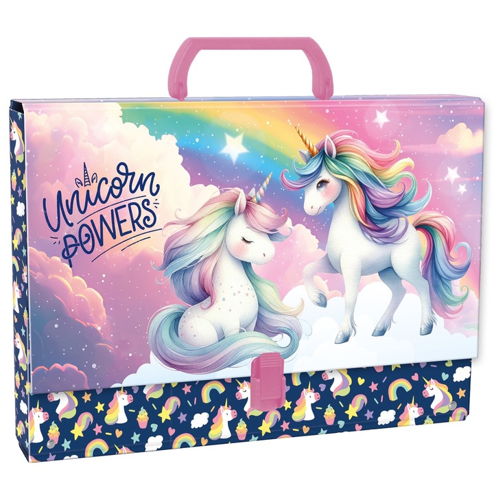 Mapa A4 cu maner, Derform, unicorni, 33x25x4.5cm