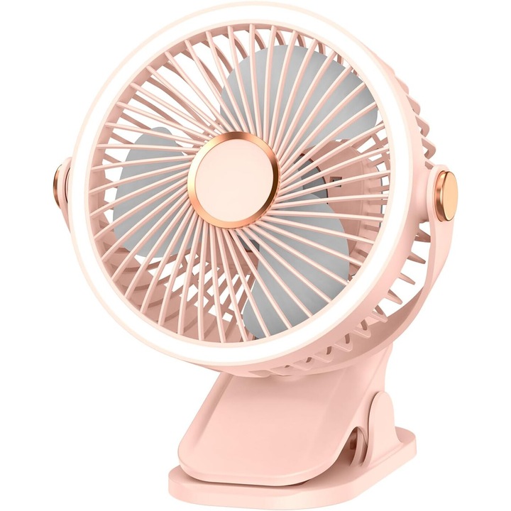 Nicerpro hordozható asztali ventilátor, 5 sebességfokozat, rózsaszín, csipesszel és állítható éjszakai fénnyel