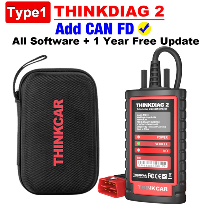 Thinkcar ThinkDiag 2 OBD2 szkenner, CAN FD támogatás, 15 reset funkció, Bluetooth 5.0, méretek 120,5x65x29mm