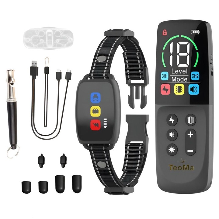 Електрически нашийник за дресировка на кучета TeoMa™, 3 функции (звук, вибрация, удар), водоустойчив IP67, регулируем, цветен LCD екран, акумулаторен, обхват 1000 m, включва тестова дъска, 2 електрода, 4 силиконови капачки, USB кабел, ремък и свирка