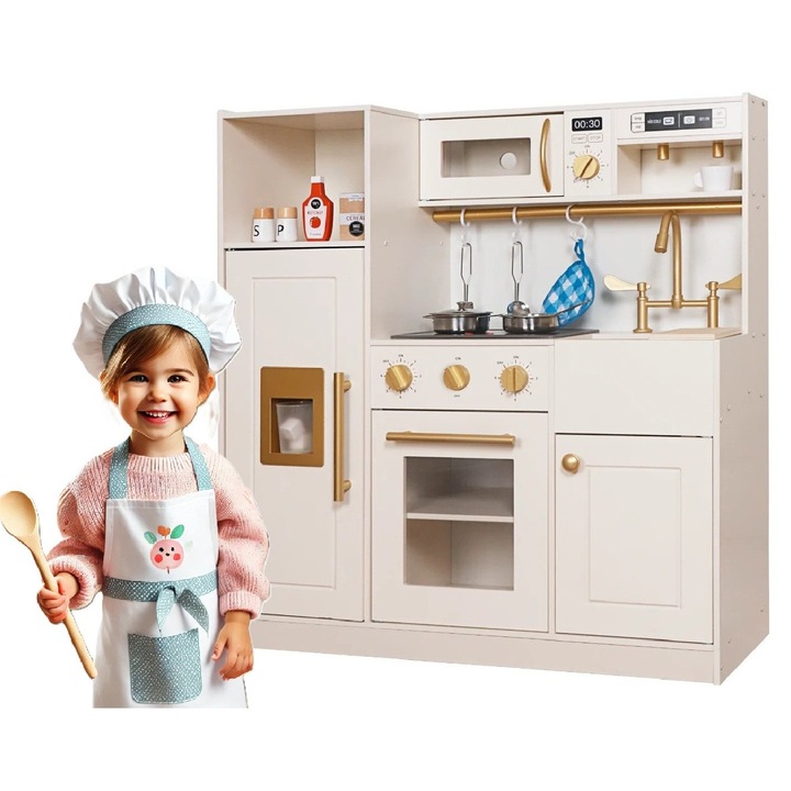 Детска дървена кухня Baking Magic със светлини и звуци, комплект за игра с кафемашина, котлони, фурна с прозрачна врата, подвижна мивка, хладилник с минибар и ледогенератор, микровълнова фурна, аксесоари и прибори, крем/злато