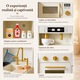 Bucatarie din Lemn pentru Copii Baking Magic cu Lumini si Sunete, Set de Joaca cu Espressor de Cafea, Plita, Cuptor cu Usa Transparenta, Chiuveta Detasabila, Frigider cu Minibar si Aparat de Gheata, Cuptor cu Microunde, Accesorii si Ustensile, Cream/Gold