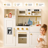 Bucatarie din Lemn pentru Copii Baking Magic cu Lumini si Sunete, Set de Joaca cu Espressor de Cafea, Plita, Cuptor cu Usa Transparenta, Chiuveta Detasabila, Frigider cu Minibar si Aparat de Gheata, Cuptor cu Microunde, Accesorii si Ustensile, Cream/Gold