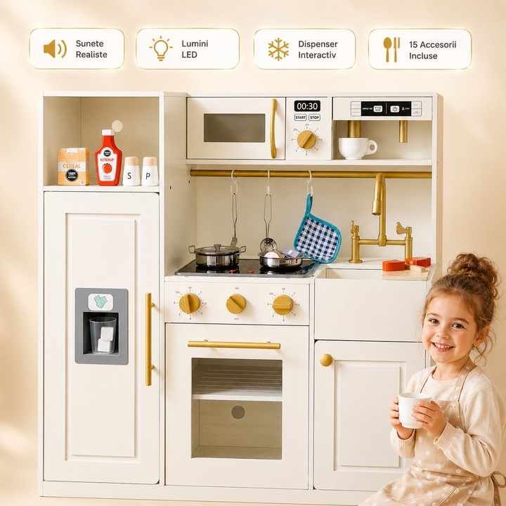 Bucatarie din Lemn pentru Copii Baking Magic cu Lumini si Sunete, Set de Joaca cu Espressor de Cafea, Plita, Cuptor cu Usa Transparenta, Chiuveta Detasabila, Frigider cu Minibar si Aparat de Gheata, Cuptor cu Microunde, Accesorii si Ustensile, Cream/Gold