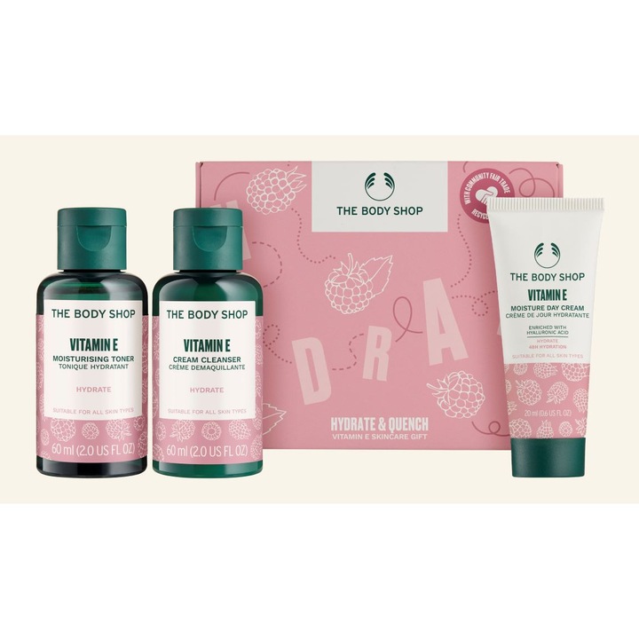 Set cadou The Body Shop, Hydrate & Quench Vitamin E Skincare Gift, Lotiune demachianta pentru ten Vitamin E 60ml, Lotiune tonica pentru ten Vitamin E 60ml, Crema hidratanta de zi Vitamin E 20ml