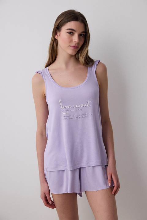 PENTI, Pijama cu imprimeu text, fara maneci, Lila, XS