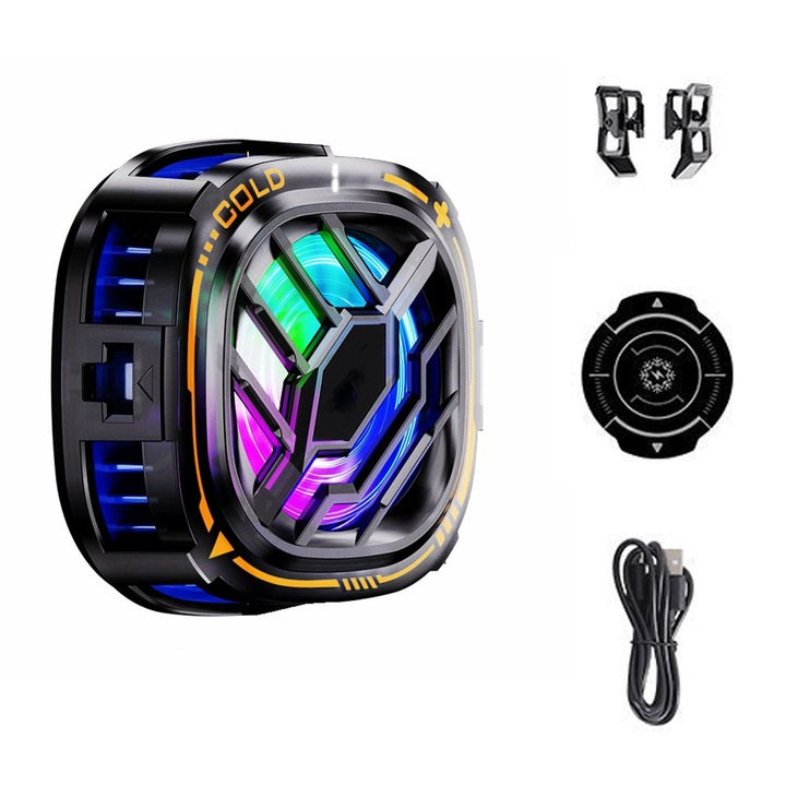 Telefonhűtő, Axroad Mall, Telefonhűtő ventilátor, RGB világítással és hőmérsékletkijelzővel, Mágneses szívó kialakítás, Gyors hűtés és alacsony zajszint, Félvezető hűtő chip, ABS/alumínium ötvözet, 62*62*25mm, Fekete