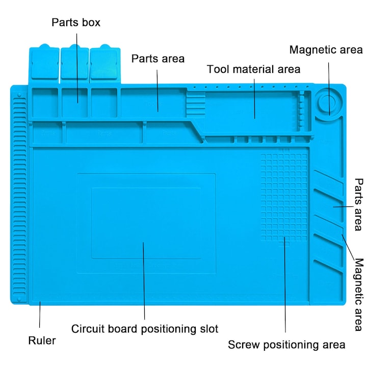Covoras anti-static multifunctional din silicon, Axroad Mall, Pad termic pentru reparatii electronice, Rezistent la temperaturi ridicate, Cu organizatoare etanse, marcaje si linii de masurare, 45*30cm, Albastru