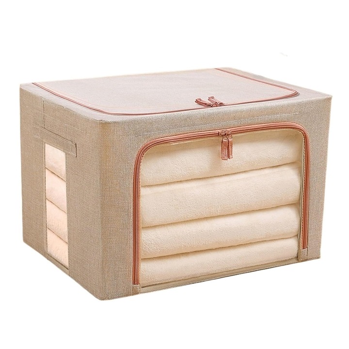 Cutie de Depozitare Pliabila, SINBINTA, 24L, Cu fereastra transparenta, Inchidere cu fermoar, 2 maner, Rezistent la praf si umiditate, Suport baza stabil din metalic, Economie de spatiu, Pentru haine, paturi, perne, Oxford, 40x30x20cm, Bej
