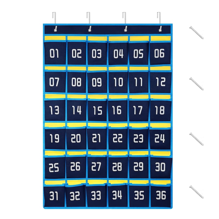 Органайзер за мобилни телефони, SINBINTA, 36 номерирани джоба, С 4 кукички и винт, Устойчив на износване, Не избледнява, Монтаж за окачване, Лесен за почистване, За университет, общежитие и дом, Текстилен, 67x96 см, Тъмносин