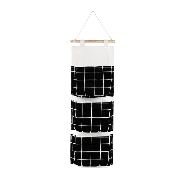 Organizator de Perete cu 3 Buzunare, SINBINTA, Organizator de perete suspendat, Rezistent la apa si umiditate, Pliabil, Perfect pentru a depozita telefoane mobile, telecomenzi, ochelari, Bumbac/In, 59x20cm, Negru