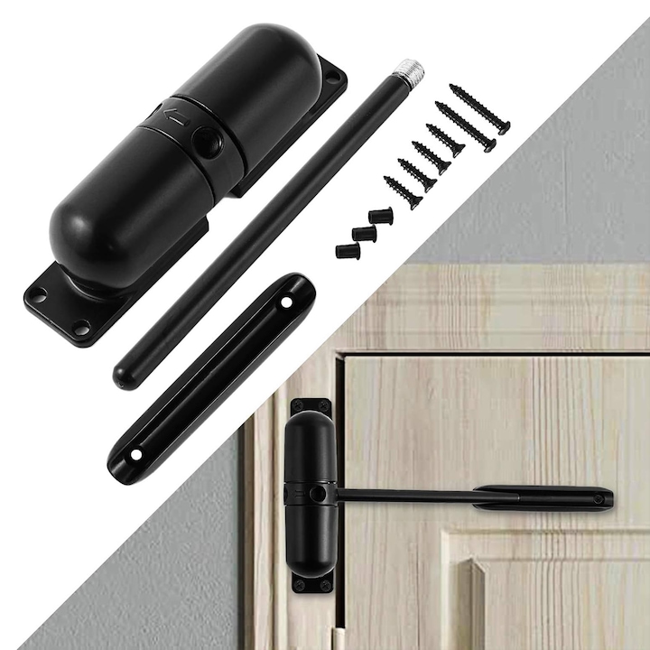 Амортисьор за врата с автоматично затваряне SINBINTA, Регулируем пружинен амортисьор за врата, Регулиране на бавно или бързо затваряне, Безшумна работа, Издържа до 60 кг, Лесен за монтаж, За метални и дървени врати, Цинкова сплав, 11.7x3 см, Черен