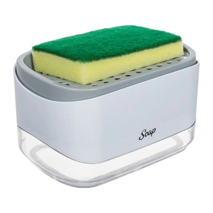 Дозатор за течен препарат и поставка за кухненска гъба, с гъба в комплекта, пластмаса, бяло/сиво, 14x10x8 см